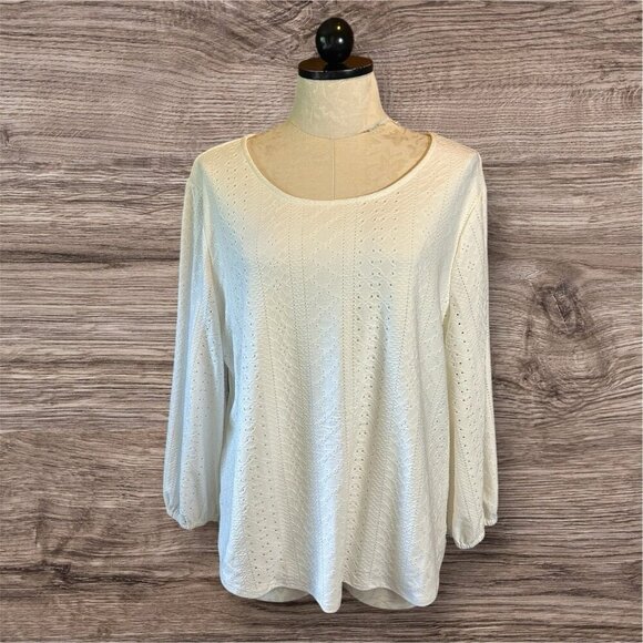 Adrianna Papell Womens Eyelet White Lined Crewneck Blouse Long Sleeve Sz XL - Picture 1 of 10